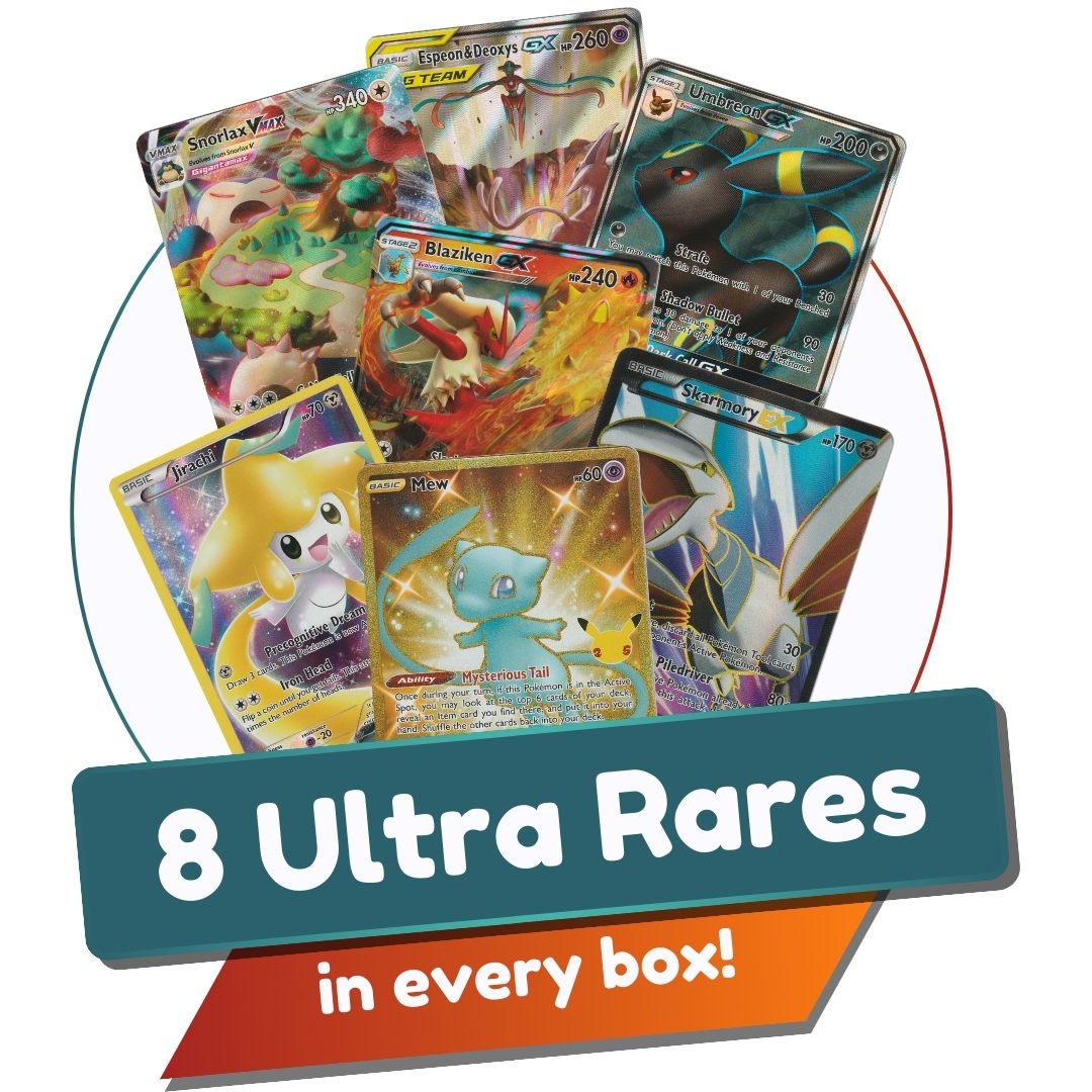 Ultra Rare Champion Bundle | 400+ Authentic Pokemon Cards | 8 Ultra Rares Guaranteed | Legendary, VSTAR, VMAX, V, GX, or EX | Bonus 80x Holos or Rares | SS Chest Box