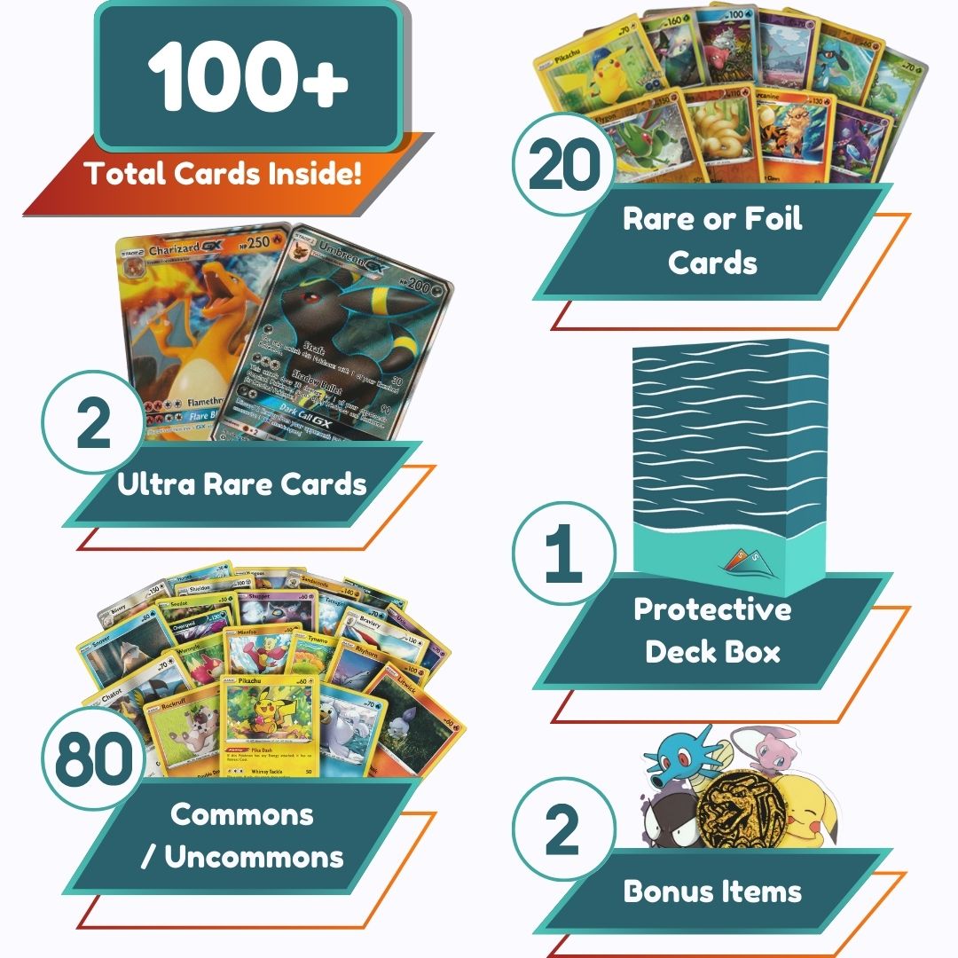 Ultra Rare Deluxe Pack | 100+ Authentic Pokemon Cards | 2x Ultra Rare Guaranteed | Legendary, VSTAR, VMAX, V, GX, or EX | Bonus 20x Holos or Rares | SS Deck Box