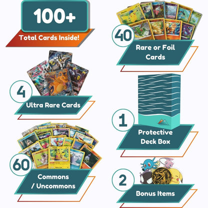 Ultra Rare Premium Bundle | 100+ Authentic Pokemon Cards | 4x Ultra Rare Guaranteed | Legendary, VSTAR, VMAX, V, GX, or EX | Bonus 40x Holos or Rares | SS Deck Box