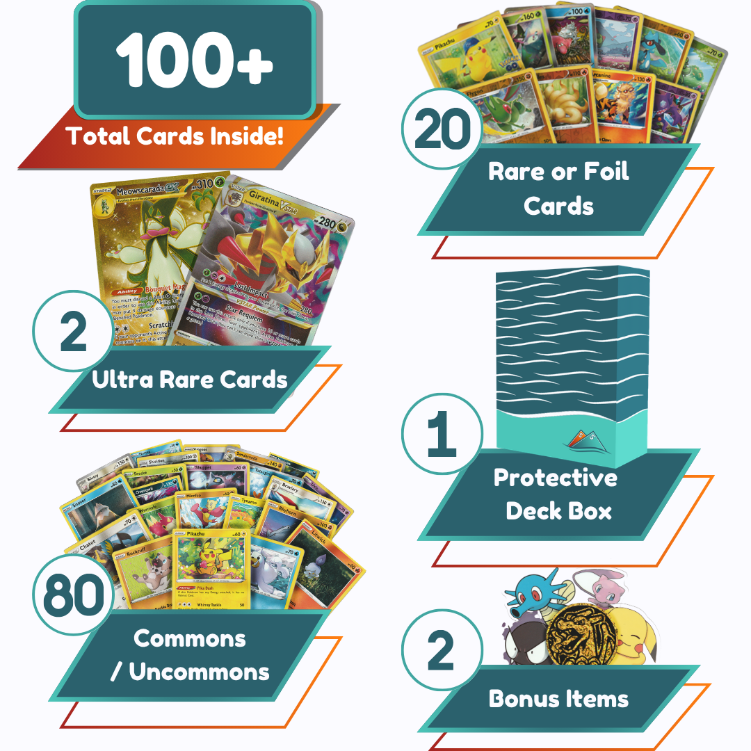 Ultra Rare Deluxe Pack | 100+ Authentic Cards | 2x Ultra Rare Guaranteed | EX, MEGA, V, VSTAR, VMAX, ILLUSTRATION | SS Deck Box